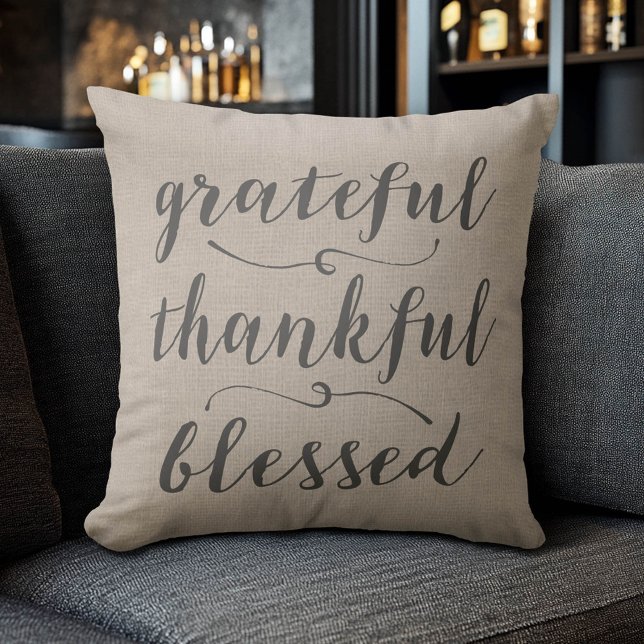 Dankbar Dankbar Selig Rustikales Drehbuch - Chevro Kissen (Grateful Thankful Blessed Pillow)