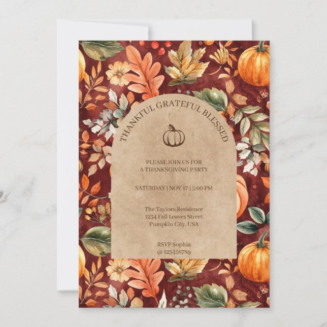 Dankbar Dankbarkeit gesegnete Erntedank Party Einladung (Vorderseite)