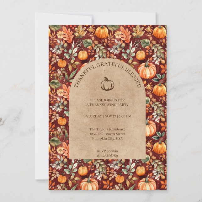 Dankbar Dankbarkeit gesegnete Erntedank Party Einladung (Vorderseite)