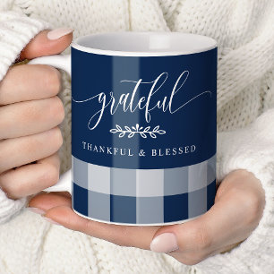 Dankbar Erkenntlich Gesegnet Navy & Weiß Kariert Kaffeetasse