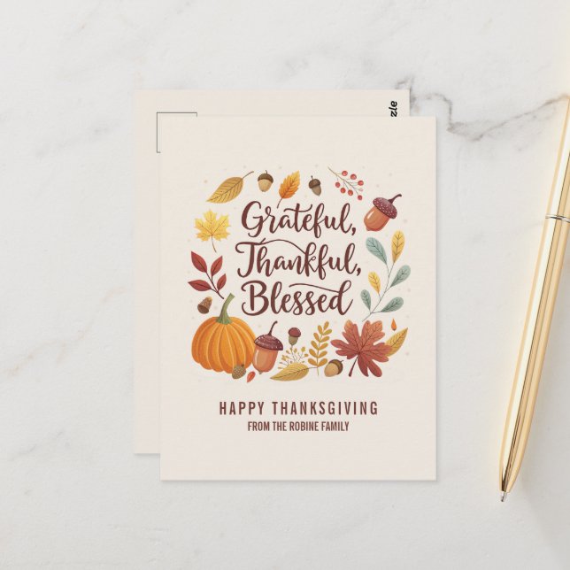 Dankbar Gesegnet Blatt Thanksgiving Herbst Postkarte (Vorderseite/Rückseite Beispiel)