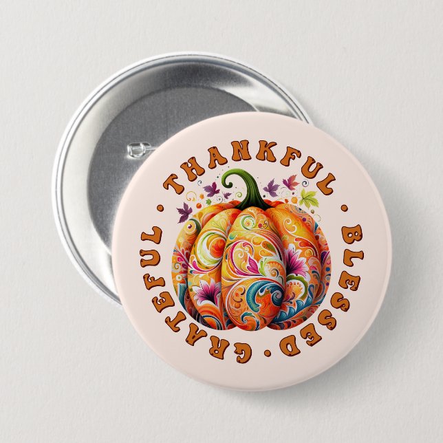 Dankbar, gesegnet, dankbar, blumenkürbis button (Vorne & Hinten)