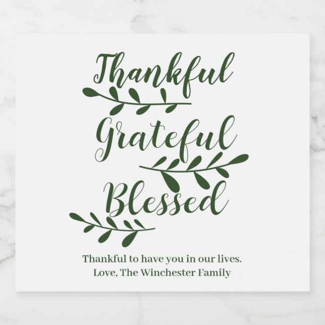 Dankbar, gesegnet, dunkelgrün, modernes Drehbuch Alkoholflaschenetikett (Einzelnes Label)