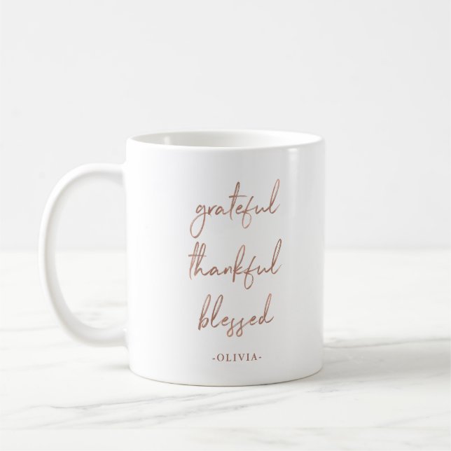 dankbar, gesegnet | Imitate Rose Gold Script Kaffeetasse (Links)