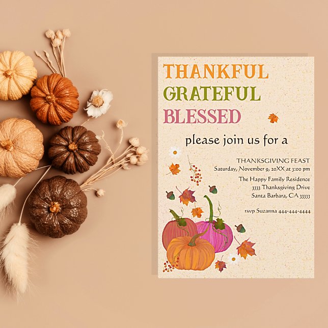 Dankbar gesegnete Kürbis fallen Einladung (Thanksgiving dinner invitations pumpkins, thankful, grateful and blessed. Easy to personalize)