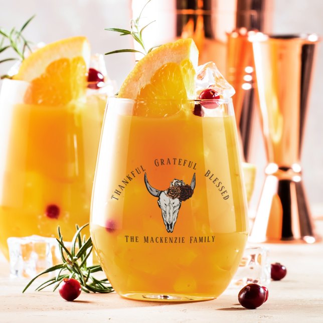 Dankbar, gesegneter Western Freundschaft Weinglas Ohne Stiel (Thankful Grateful Blessed Western Thanksgiving Fall Harvest, Cow Skull & Roses. Text & Family Name.)