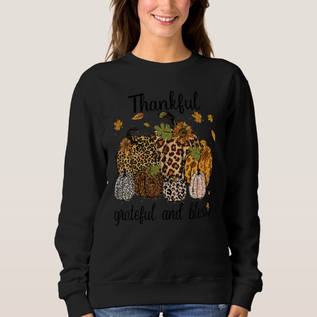 Dankbar Grateful Gesegnet Kariert Leopard Kürbis T Sweatshirt (Vorderseite)