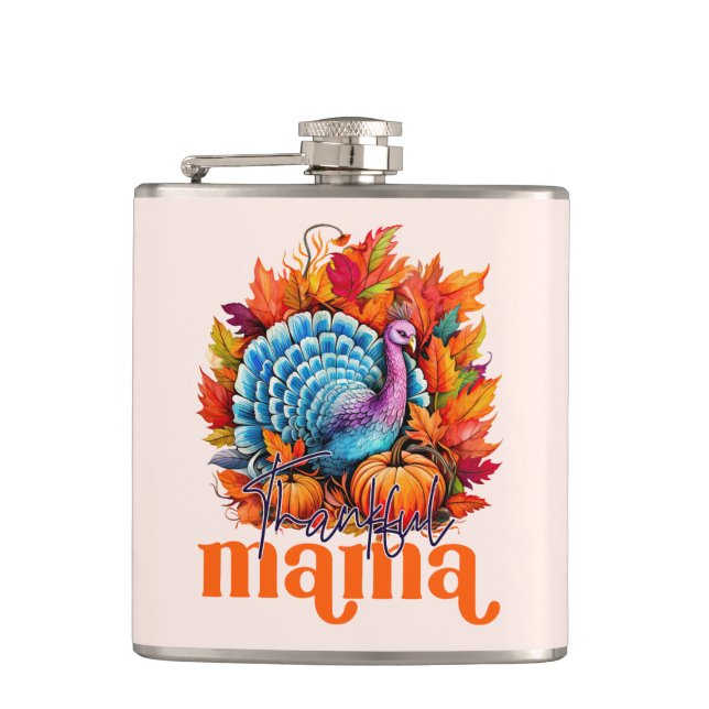 Dankbar Mama Türkei und Herbst Blätter Flachmann (Vorderseite)