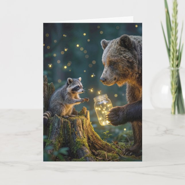 Dankbär mit Waschbär und Glühwürchen Karte (Vorderseite)