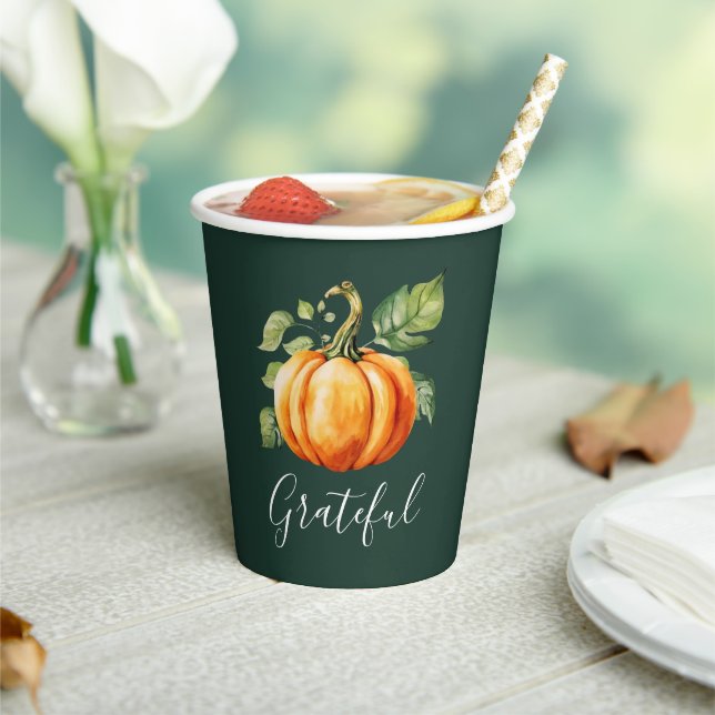 Dankbar Orange Pumpkin Dark Green Pappbecher (In Situ)