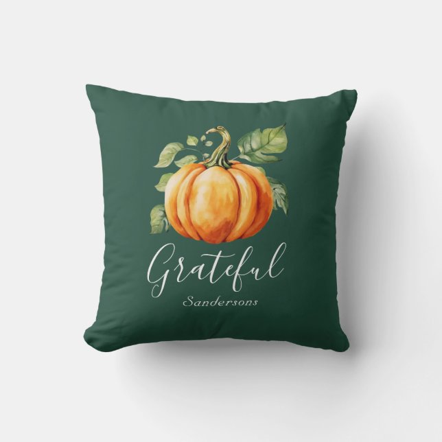 Dankbar Orange Pumpkin Dark Green Personalisiert Kissen (Vorderseite)