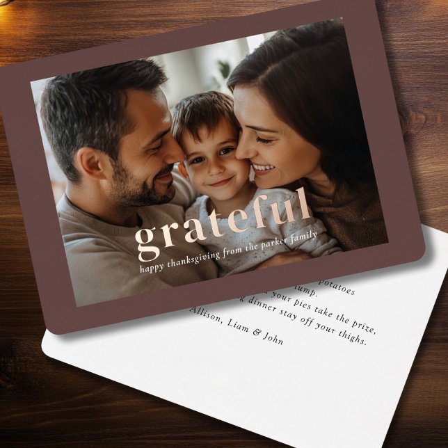 "Dankbar" Rose-Gold-Folie, Foto Folieneinladung ("Grateful" Modern, Minimal, Elegant, Rose-Gold-Foil, Photo Card.)