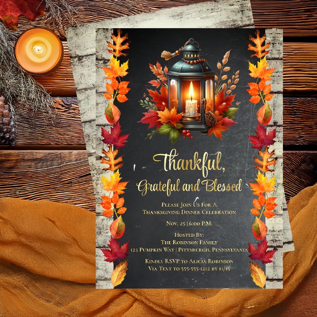 Dankbar und gesegnet Erntedank Dinner Folieneinladung ("Thankful, Grateful and Blessed" Candlelit Lantern with Autumn | Fall Leaves Thanksgiving Invitation)