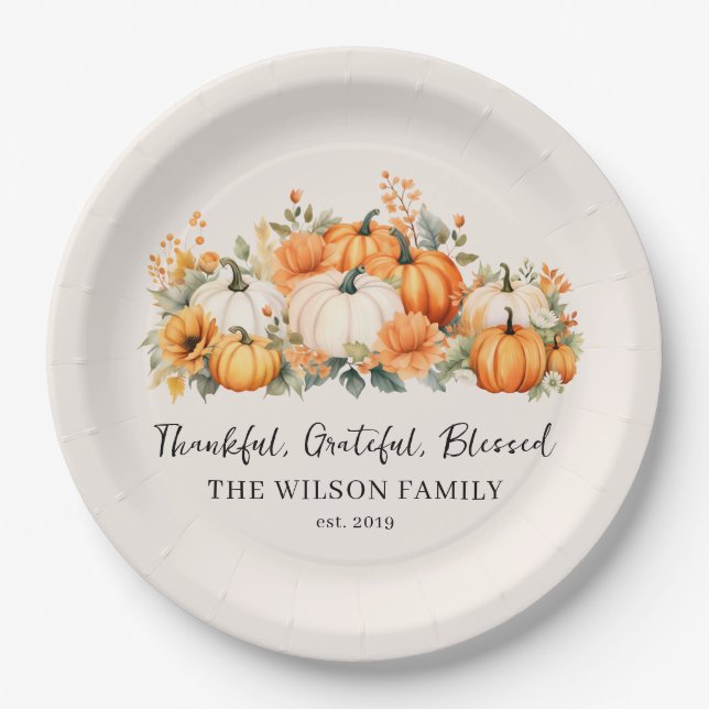 Dankbare Dankbarkeit gesegnet Fall Pumpkin Familie Pappteller (Vorderseite)
