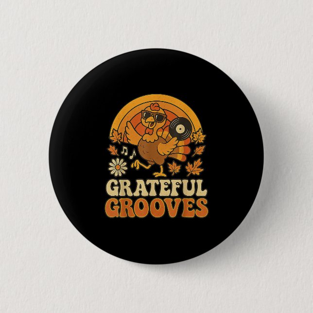 Dankbare Grooves Retro-Erntedankfest Truthahn Herb Button (Vorderseite)