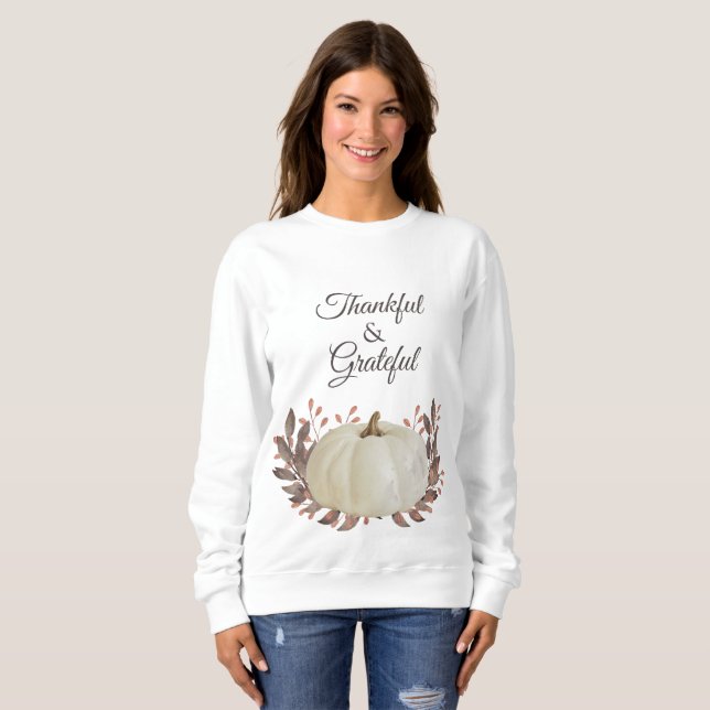 Dankbare und dankbare White Pumpkin Brown Blätter Sweatshirt (Vorne ganz)
