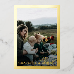 Dankbare und gesegnete Familienfotocollage Gold Folien Feiertagskarte