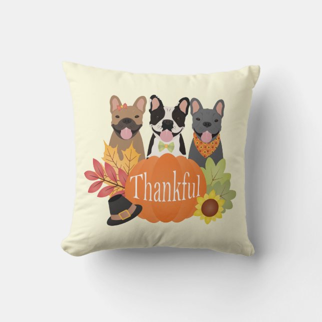 Dankbarer französischer Bulldogs-Erntedank Kissen (Vorderseite)