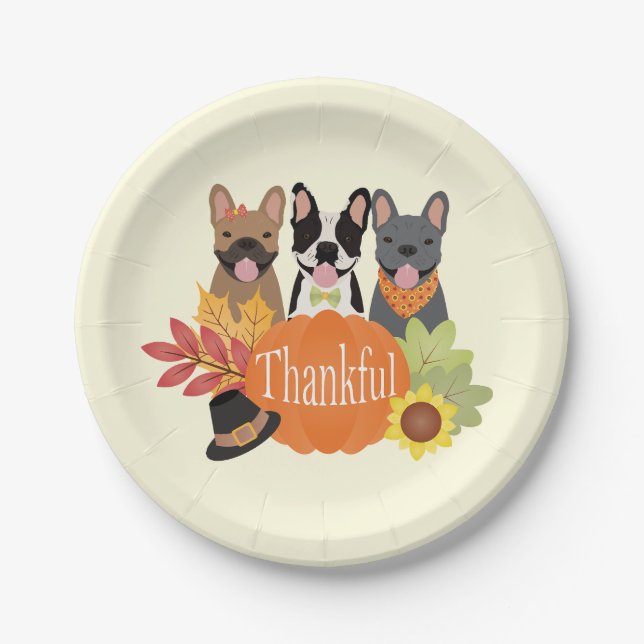 Dankbarer französischer Bulldogs-Erntedank Pappteller (Vorderseite)