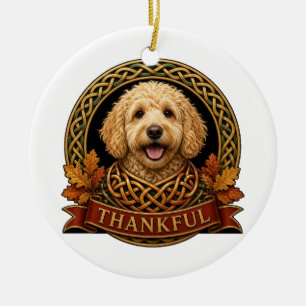 Dankbarer Goldendoodle-Keltischer Knoten Erntedank Keramik Ornament