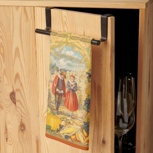 Dankbarer Pilger-Erntedank auf Orange Geschirrtuch (Drittel gefaltet)