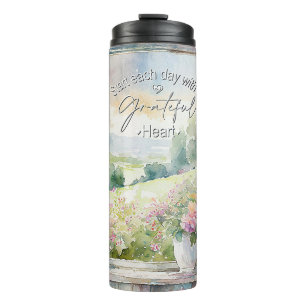 Dankbares Herz-Aquarell-Blumenfenster Thermosbecher