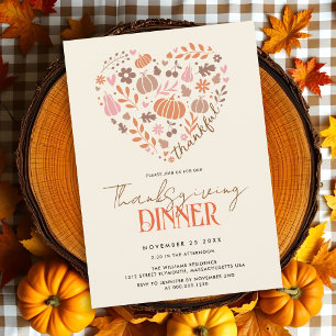 Dankbares Herz mit Kürbissen Thanksgiving-Essen Einladung