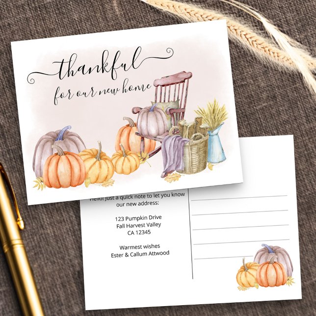 Dankbares Land Pumpkin Wasserfarbe Moving Ankündigungspostkarte (New Address postcard with thankful sentiment and fall pumpkin harvest design)