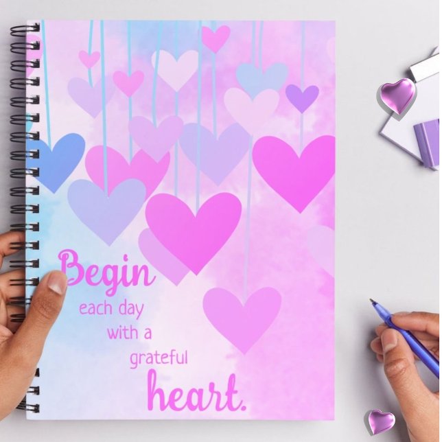 Dankbarkeit Herzrosa Lila Blue Danksagung Zitat Notizblock ("Begin with a Grateful Heart" journal- for morning reflections, gratitude practice & inspiration.)