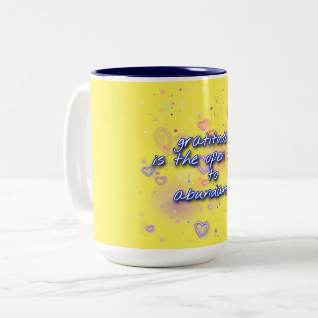 Dankbarkeit ist offen für Fülle Zweifarbige Tasse (Vorderseite Links)