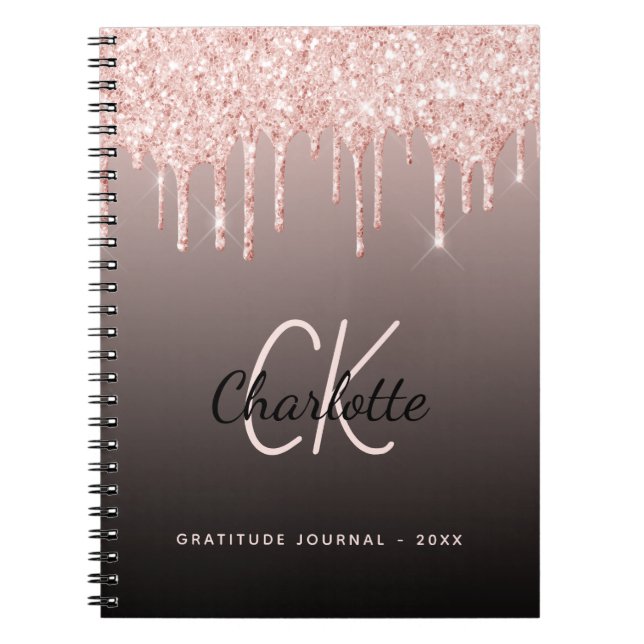 Dankbarkeit Journal Rose Gold Glitzer Schwarz Mono Notizblock (Vorderseite)