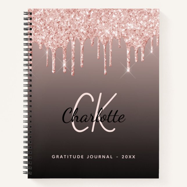 Dankbarkeit Journal Rose Gold Glitzer Schwarz Mono Notizbuch (Vorderseite)