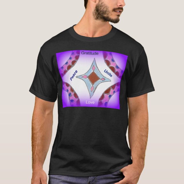 "Dankbarkeit Peace Liebe Unite" Mandala Art Print T-Shirt (Vorderseite)