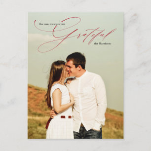 Dankbarkeit Red Calligraphy Chic Full Foto Holiday Postkarte