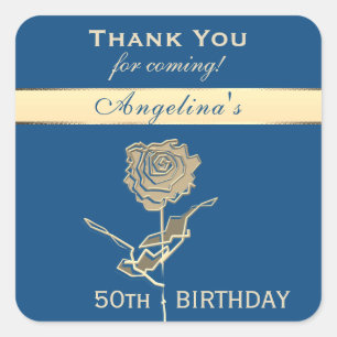 Danke 50. Geburtstag Elegant Klassisch Blau Gold Quadratischer Aufkleber