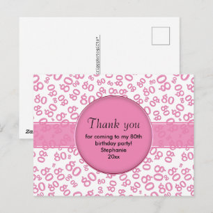 Danke: 80. Rosa/Weiße Geburtstags-Nummernvorlage Postkarte