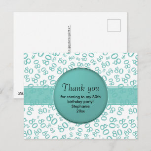 Danke 80. Türkis/Weiß Geburtstags Zahlenmuster Postkarte