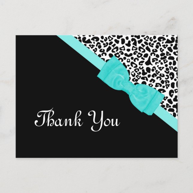 Danke an Black and White Leopard Aqua Ribbon Postkarte (Vorderseite)