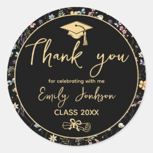 Danke an die Black Floral Graduation Party Runder Aufkleber