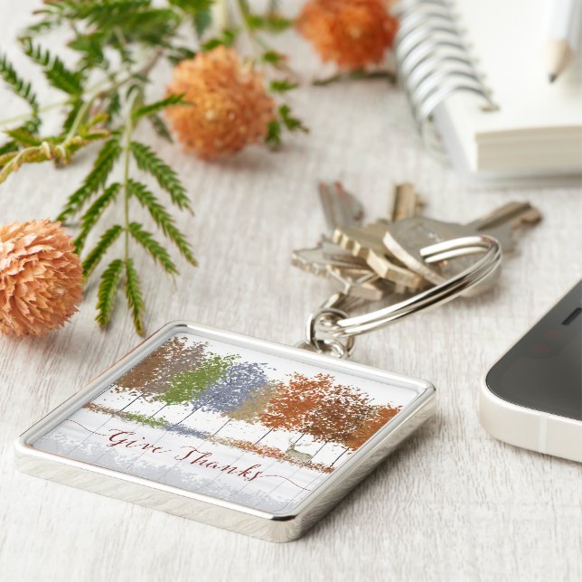 Danke an Erntedank Bäume und einsamen Hirsch Schlüsselanhänger (Seite)