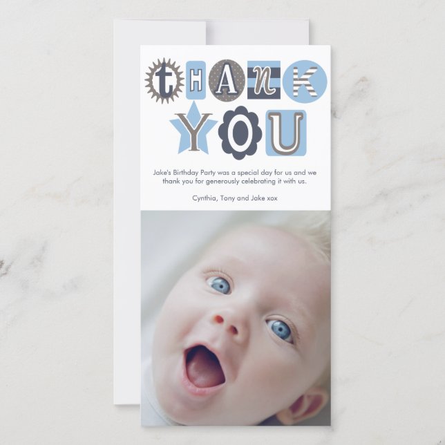Danke Baby-blaue Jungen-Typografie-Foto-Karten (Vorderseite)