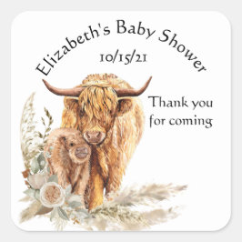 Danke Baby Dusche Highland Cow Calf Quadratischer Aufkleber