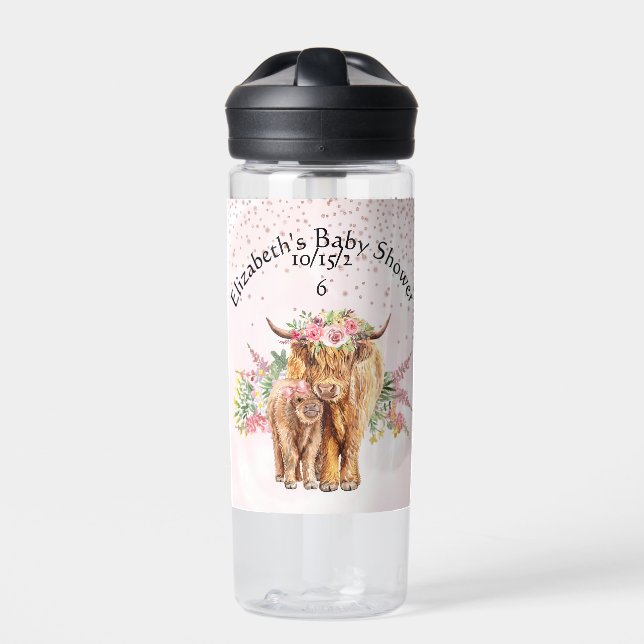 Danke Baby Dusche Highland Cow Calf Trinkflasche (Vorderseite)