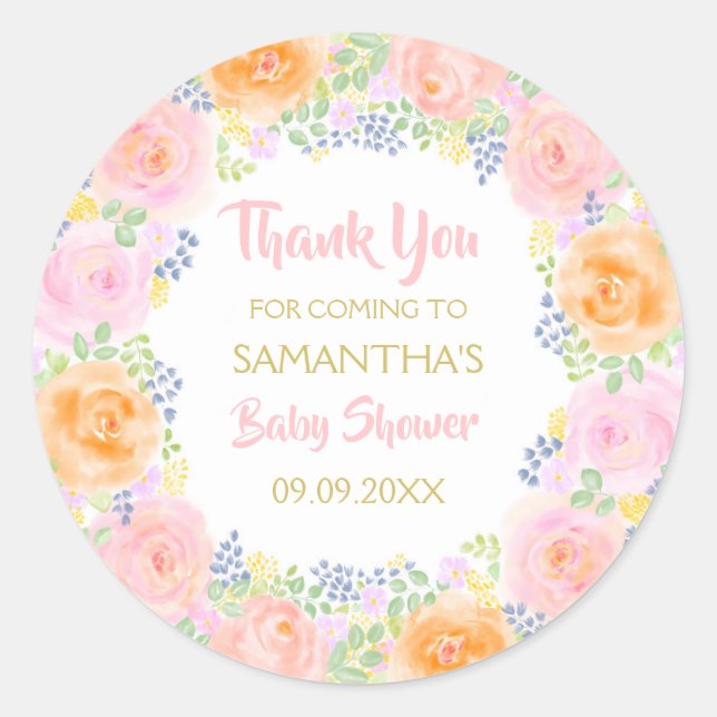 Danke Baby Dusche Pink Roses Wasserfarbe Floral Runder Aufkleber (Vorderseite)