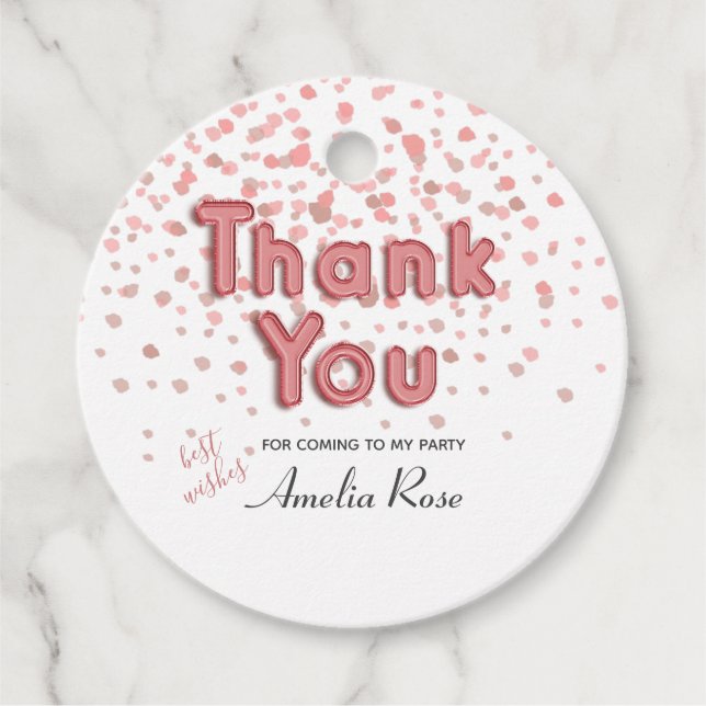 Danke Balloon Text Pink Confetti Geschenkanhänger (Vorderseite)