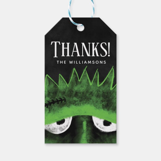 Danke | Black & Green Frankenstein Halloween Geschenkanhänger (Vorderseite)