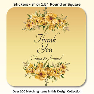 Danke Bride, Groom Names Golden Yellow Flowers Quadratischer Aufkleber