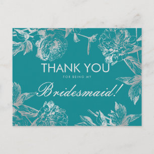 Danke Bridesmaid Silver Aquamarin Simple Floral Postkarte
