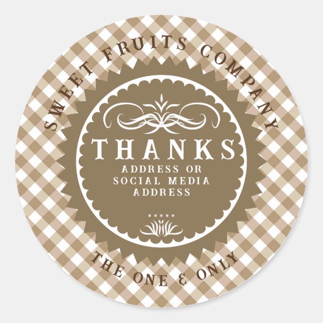 Danke Brown Gingham Classic Round Sticker (Vorderseite)