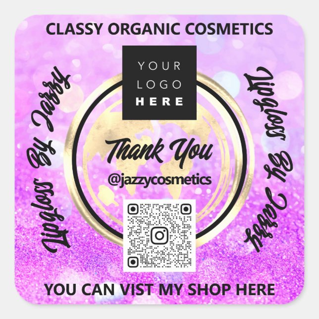 Danke Business QRCode Logo World Earth PinkGlitter Quadratischer Aufkleber (Vorderseite)